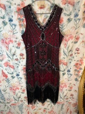 Vintage Beaded Burgundy Flapper Fringe Dress